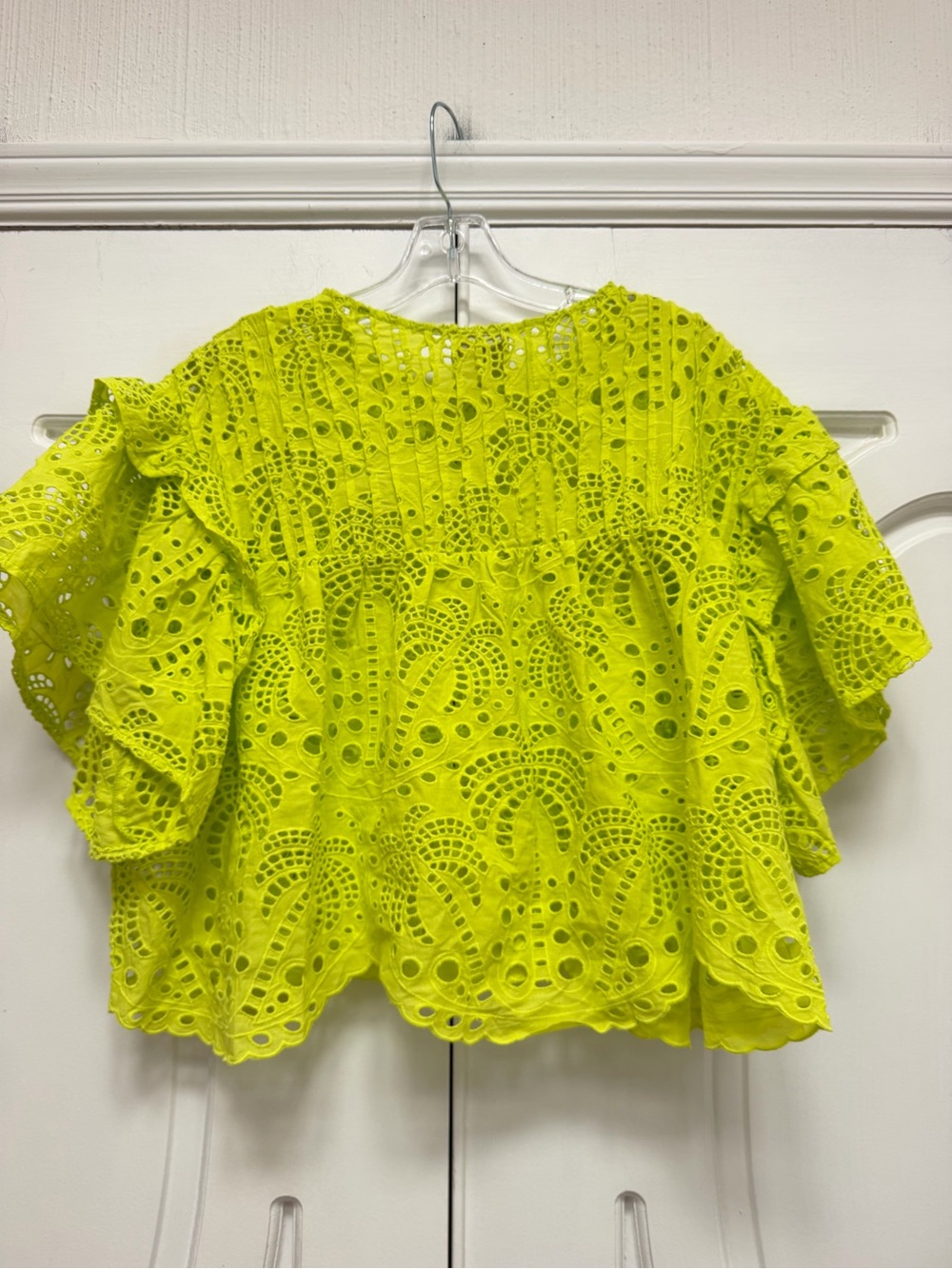 Farm Rio Richelieu Neon Lime Eyelet Crochet Flutter Sleeve Top M - Picture 7 of 7